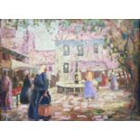 Hayes: framed early 20th Century oil on card, depicting a busy street scene with figures around a