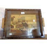 A Sorrento ware tray with marquetry street view