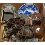 Two pottery cart horses, horse plates, etc.