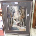 Prabir: a framed watercolour, depicting a back street scene with women doing laundry - signed and
