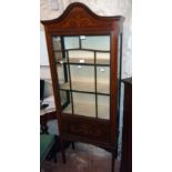 A 27" Edwardian mahogany and strung display cabinet with painted decoration and material lined