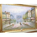 Benett: a 20th Century oil on canvas Parisian street scene with l'Arc de Triomphe in background -