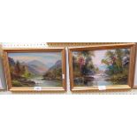 N. Willis Pryce: a pair of gilt framed oils on board, depicting Highland landscapes with figures -