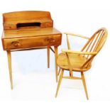 A 26" Ercol light elm Windsor desk, the raised back with shelf, recess and flanking trinket