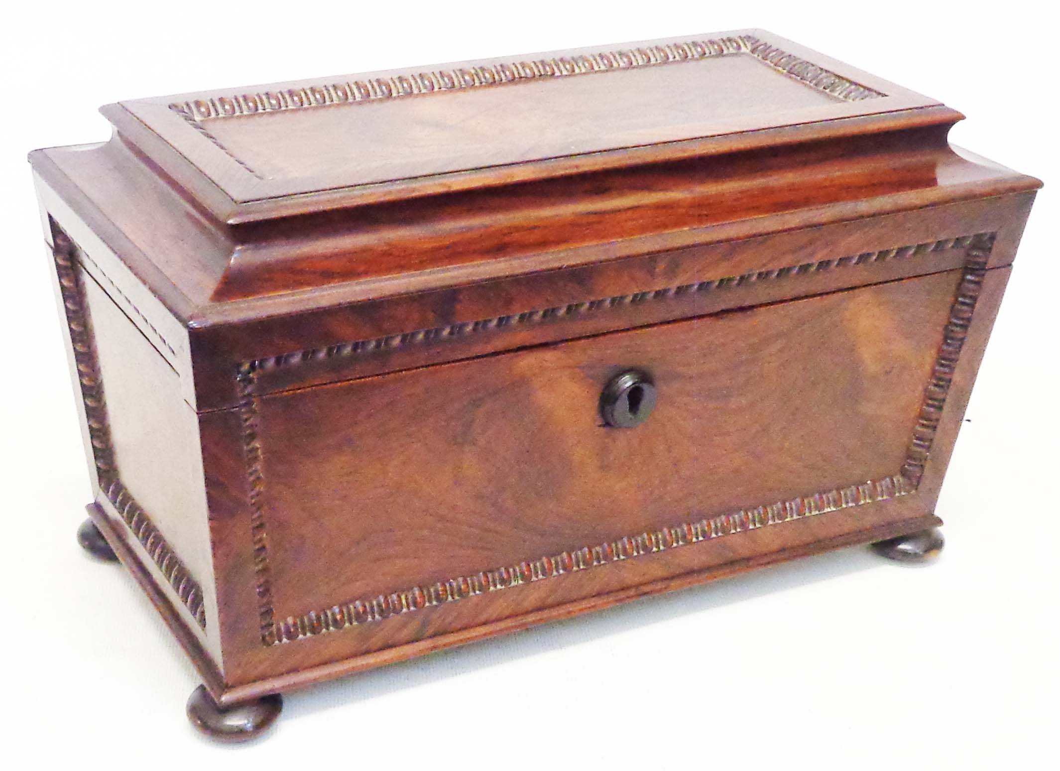 A 13" Victorian rosewood sarcophagus shaped twin compartment tea caddy with beaded borders, two - Image 3 of 3