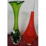 A Murano red glass vase - sold with a tall green art glass vase