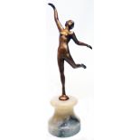After Josef Lorenzl: a gilt spelter figure of a nude female dancer, set on a marble base -