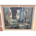 †M. Mouly: a vintage framed coloured print, depicting an abstract scene, depicting figures,