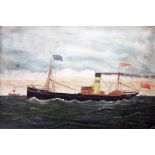 E. J. Hurn: a gilt framed oil on board, depicting a Lowestoft steamer flying a red pennant marked J.