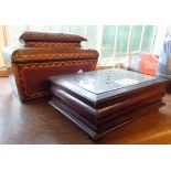 A music box and an antique tea caddy with later mirrored lid