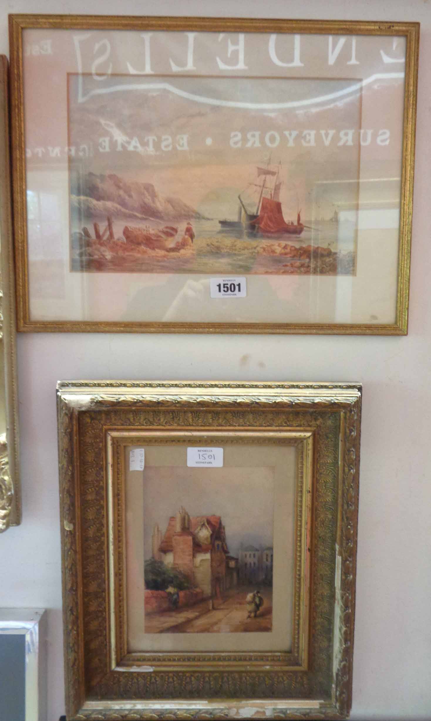 Two gilt framed 19th Century watercolours, one depicting a coastal scene with figure and vessels,
