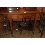 A 3' 3" late Victorian pitch pine side table with bracketed top and long frieze drawer, set on