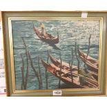 J. Vaux: a framed 20th Century oil on panel, depicting a gondolier and gondola approaching gondola