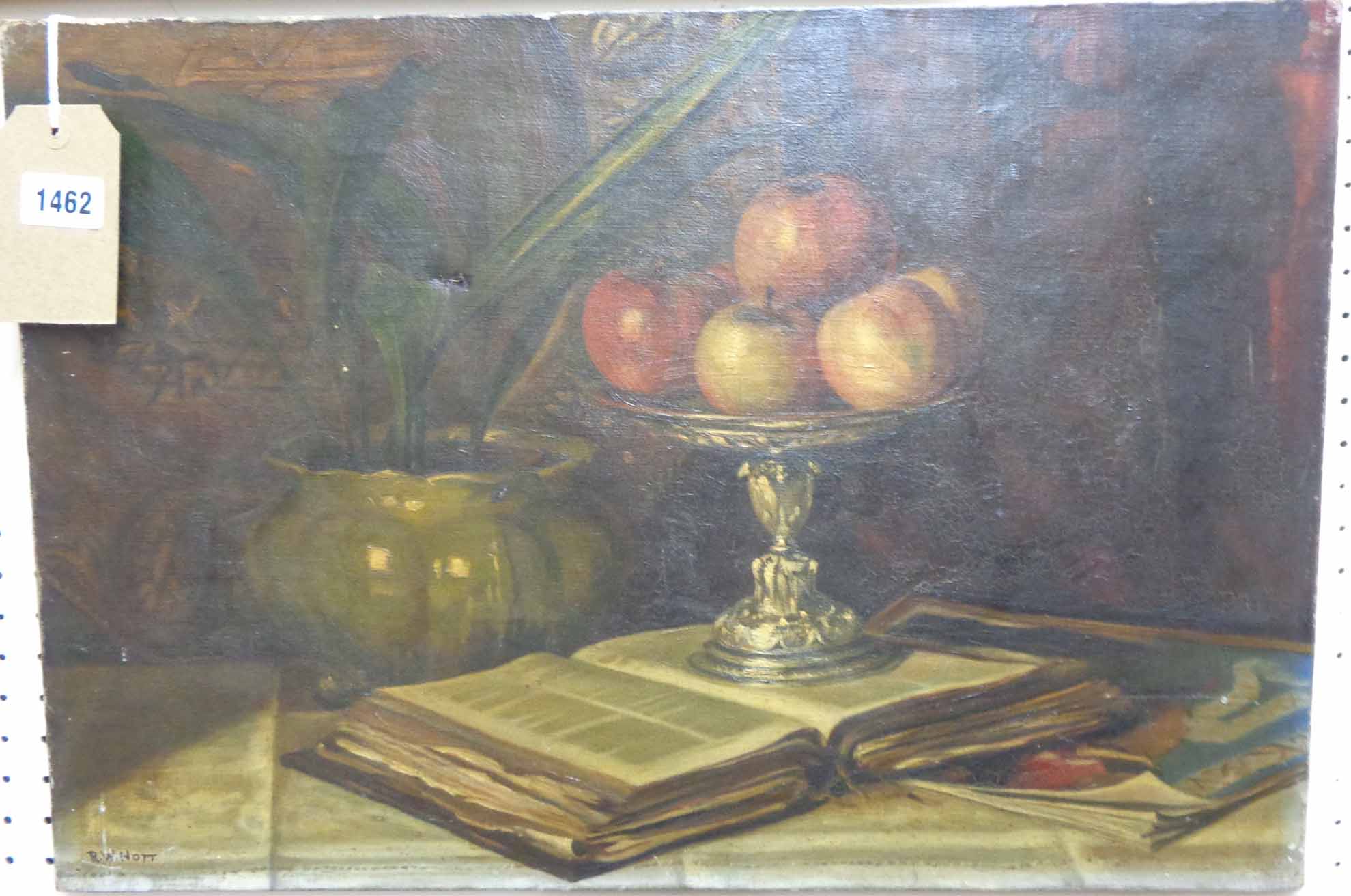 R. W. Nott: a 19th Century oil on unframed canvas still life with apples on a silver stand with book