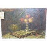 R. W. Nott: a 19th Century oil on unframed canvas still life with apples on a silver stand with book