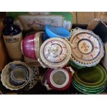 Various ceramics including green Majolica plates, etc.