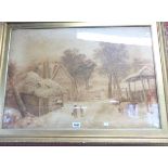 Joshua Wallis: a gilt framed 19th Century watercolour, depicting a farmstead with figures and