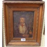 A gilt gesso framed 19th Century oil on board, depicting a man playing the bagpipes - a/f