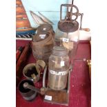 Two butter churns, two barrels, a set of measures and a coffee grinder
