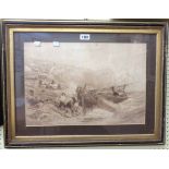 Jules Noel: gilt framed 19th Century sepia print, depicting figures landing a fishing boat from