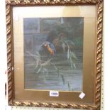 R. B. Lodge: a gilt framed and slipped watercolour, depicting a perching kingfisher - signed