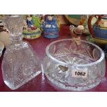 A cut glass bowl and scent bottle (chipped)