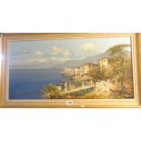 J. Kugler: a vintage oil on canvas, depicting a Mediterranean coastal view with buildings and
