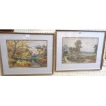 L. Wallis: a framed watercolour, depicting a rural landscape with bridge and stream - signed -