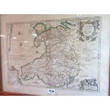 Humphrey Llwyd: a framed antique hand coloured map print, depicting Wales (Cambrae Typus) with