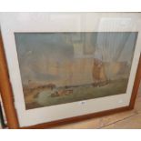 A burr walnut framed 19th Century lithograph, depicting sailing vessels and figures in a rowing boat