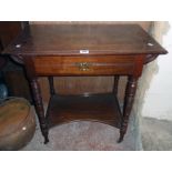 A 30" Edwardian walnut two tier side table with drawer and turned supports - top a/f