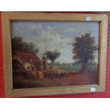 A gilt framed 19th Century English school oil on canvas, depicting a figure visiting a rural cottage