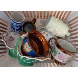 A continental ceramic basket with floral decoration - sold with three pieces of lustre ware,