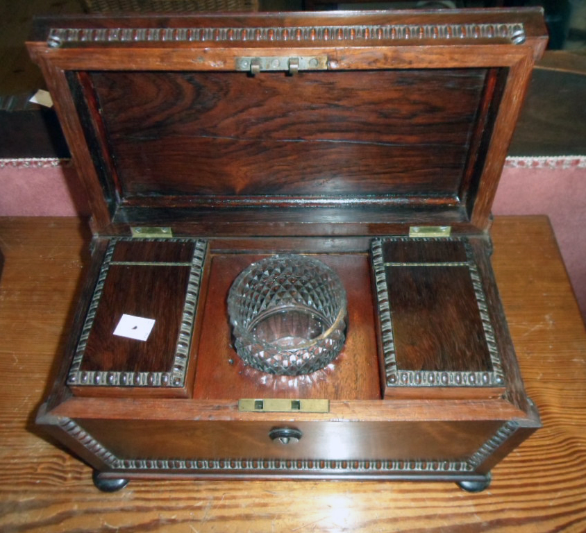 A 13" Victorian rosewood sarcophagus shaped twin compartment tea caddy with beaded borders, two - Image 2 of 3