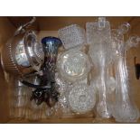 A box containing glassware including vases, tumblers - sold with a silver plated teapot