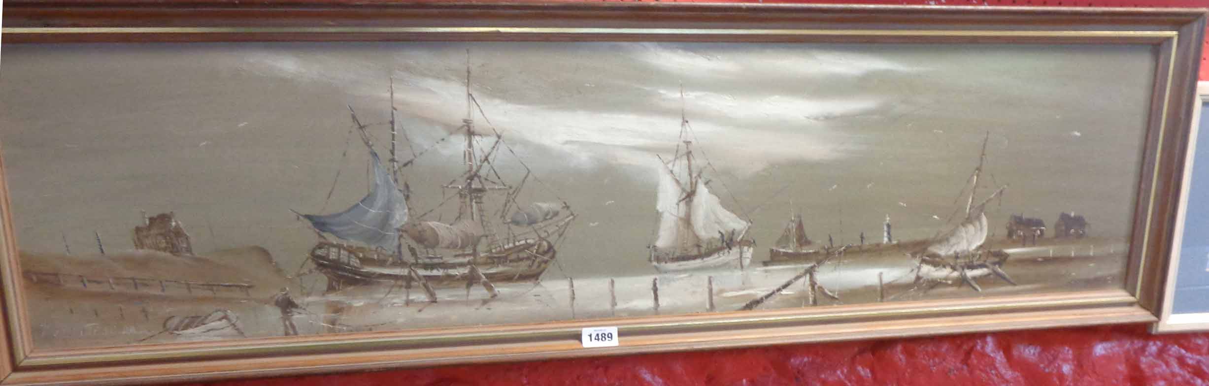 P. J. Winthrop: a framed oil on board, depicting various sailing vessels with figure and buildings