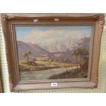 Anton Strauss: a gilt framed oil on board, depicting a South African Cape view with mountains and