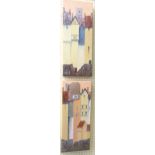 Hazel Brown: a pair of unframed stretchered oils on canvas, depicting buildings - signed