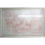 C. Cail: a framed vintage red lead drawing, depicting heavy horses in a stable interior with