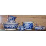 A harlequin blue and white toilet set - various condition