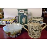 A small quantity of assorted ceramics including two God Speed the Plough mugs, jugs, etc.
