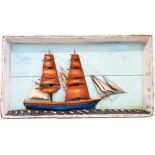 A box framed Folk Art half hull sailing ship diorama - full length 34 1/2"