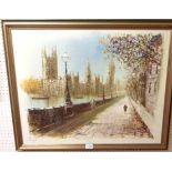 John Bampfield: a gilt framed oil on canvas, depicting a view of the Houses of Parliament from the
