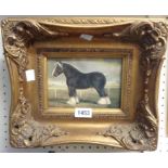 A reproduction ornate gilt framed varnished coloured print, depicting a standing heavy horse