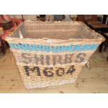 A 3' 6" old wicker wool skip marked for Shires (George St. Mills, Milnsbridge, Huddersfield),