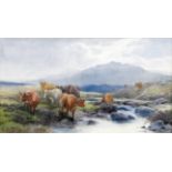Tom Rowden: a gilt framed watercolour, depicting cattle in a moorland setting with stream in