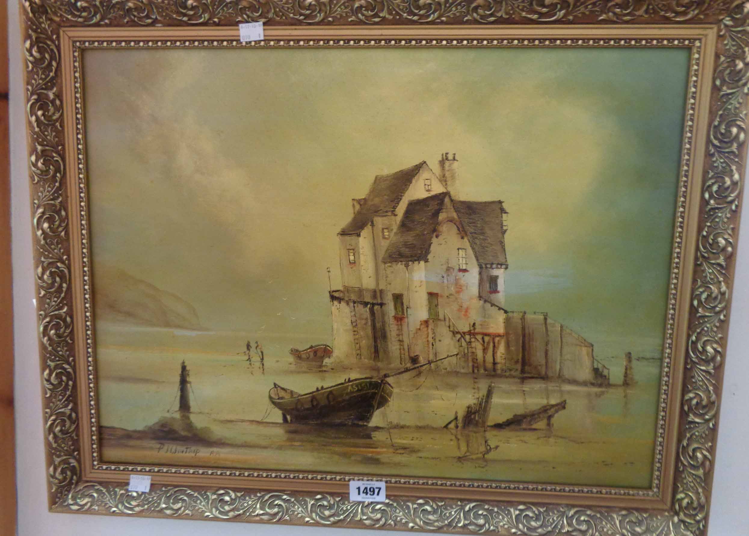 P. J. Winthrop: a gilt framed oil on board, depicting a coastal scene, with the building, beached
