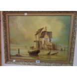 P. J. Winthrop: a gilt framed oil on board, depicting a coastal scene, with the building, beached