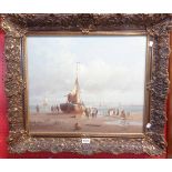 H. Vader: an ornate gilt framed oil on canvas, depicting a beached sailing boat with figures on
