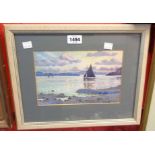 J. S. MacKay: a framed watercolour, depicting a scene with sailing vessels on an estuary at dusk -